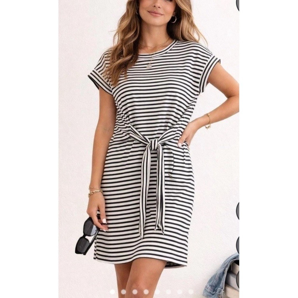 J Crew Womens Striped Knit Tie Waist Tee Dress Size L Black White Short Sleeve